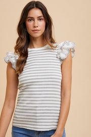 Trendsi Annie Wear Ruffled Striped Round Neck Cap Sleeve Knit Top