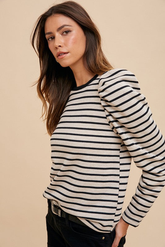 Trendsi Annie Wear Striped Round Neck Puff Sleeve French Terry Top