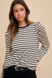 Trendsi Annie Wear Striped Round Neck Puff Sleeve French Terry Top