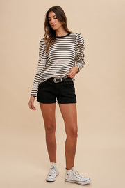 Trendsi Annie Wear Striped Round Neck Puff Sleeve French Terry Top