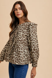 Trendsi Annie Wear Tied Leopard Round Neck Peplum Blouse