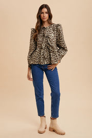 Trendsi Annie Wear Tied Leopard Round Neck Peplum Blouse