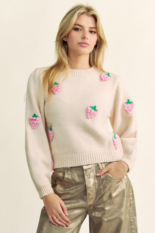 Trendsi Beige / S Davi & Dani Crochet Strawberry Round Neck Sweater