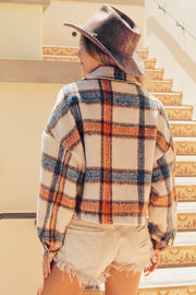 Trendsi BiBi Brushed Plaid Crop Jacket with Pockets