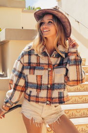 Trendsi BiBi Brushed Plaid Crop Jacket with Pockets