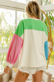 Trendsi BiBi Color Block Patched Long Sleeve Top