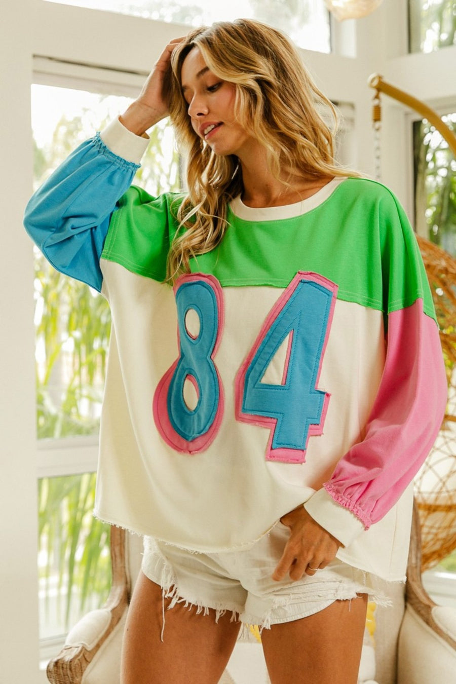 Trendsi BiBi Color Block Patched Long Sleeve Top