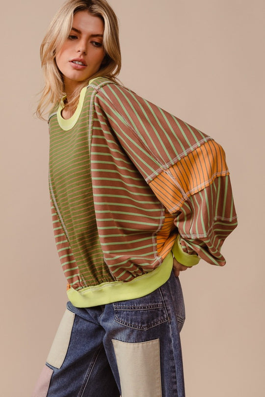 Trendsi BiBi Color Block Striped Round Neck Sweatshirt