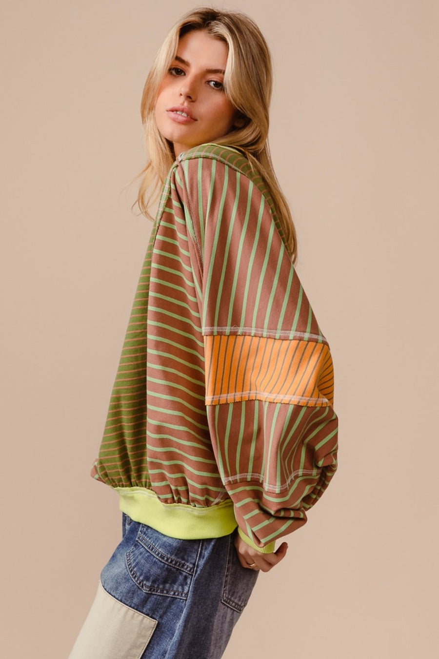 Trendsi BiBi Color Block Striped Round Neck Sweatshirt