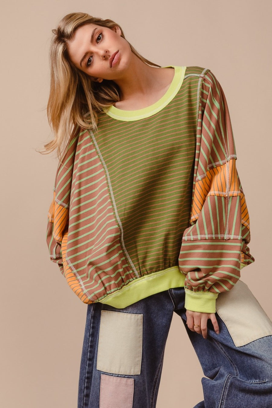 Trendsi BiBi Color Block Striped Round Neck Sweatshirt