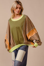 Trendsi BiBi Color Block Striped Round Neck Sweatshirt