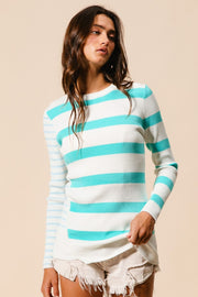 Trendsi BiBi Contrast Striped Asymmetrical Hem Knit Top