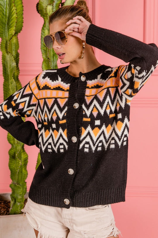 Trendsi BiBi Ethnic Pattern Button Up Knit Cardigan