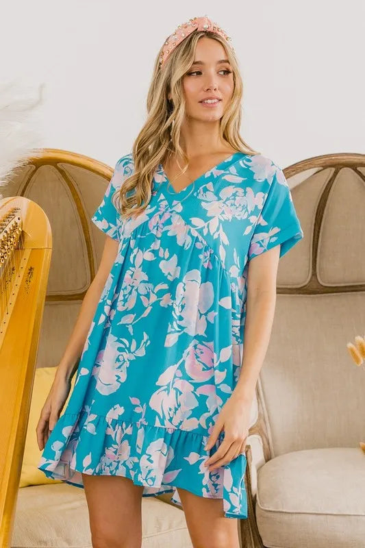 Trendsi BiBi Floral Crinkle Shirred Ruffle Detail V Neck Dress
