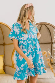 Trendsi BiBi Floral Crinkle Shirred Ruffle Detail V Neck Dress