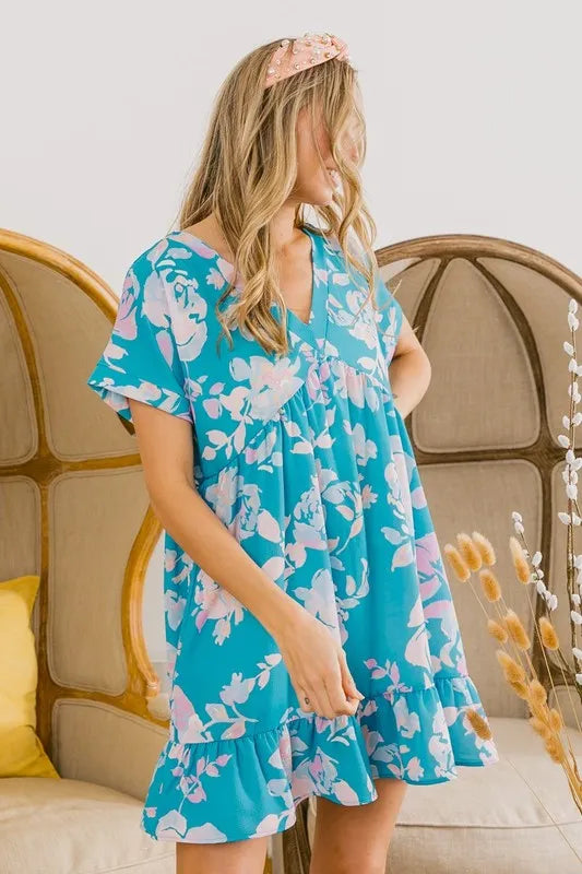 Trendsi BiBi Floral Crinkle Shirred Ruffle Detail V Neck Dress
