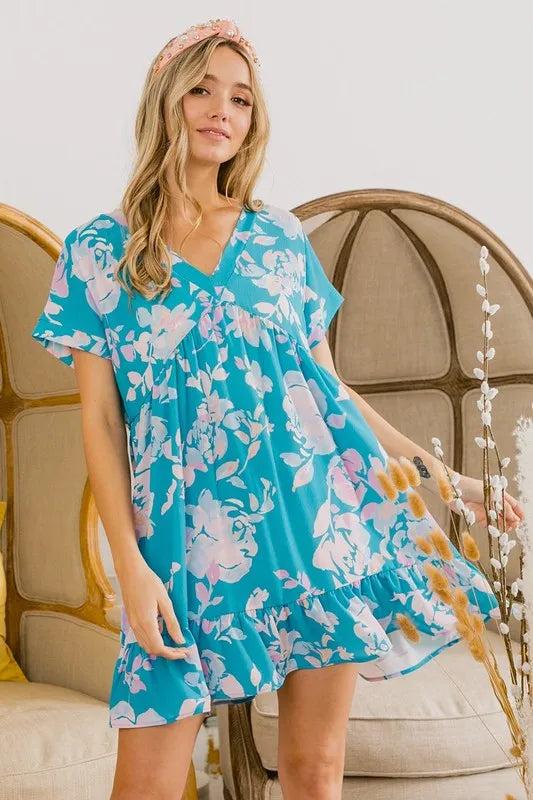 Trendsi BiBi Floral Crinkle Shirred Ruffle Detail V Neck Dress