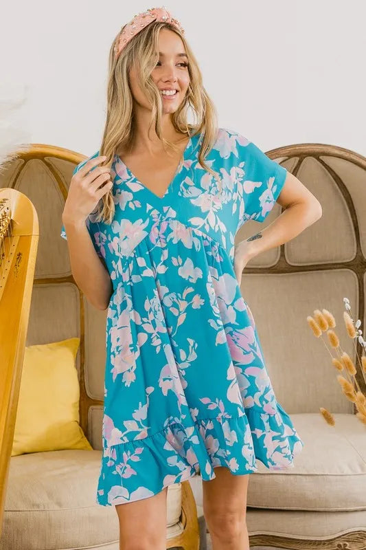 Trendsi BiBi Floral Crinkle Shirred Ruffle Detail V Neck Dress