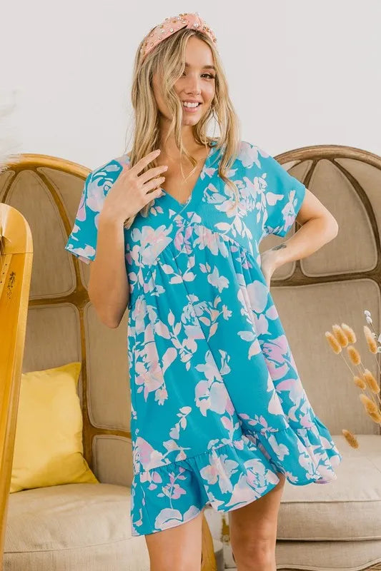 Trendsi BiBi Floral Crinkle Shirred Ruffle Detail V Neck Dress