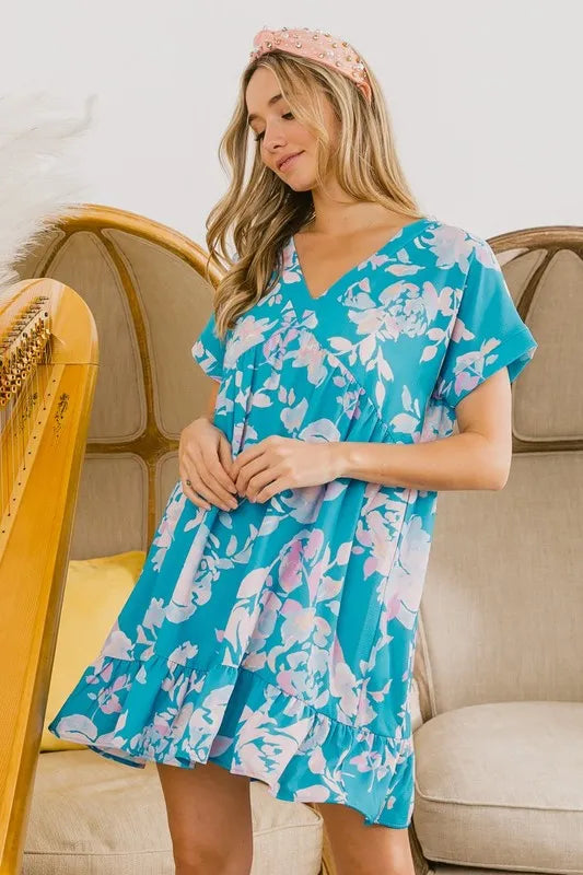 Trendsi BiBi Floral Crinkle Shirred Ruffle Detail V Neck Dress