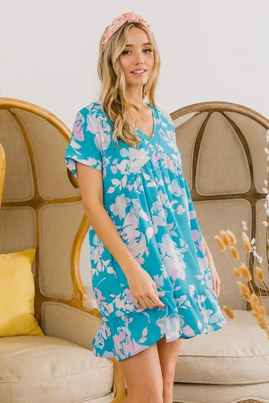 Trendsi BiBi Floral Crinkle Shirred Ruffle Detail V Neck Dress