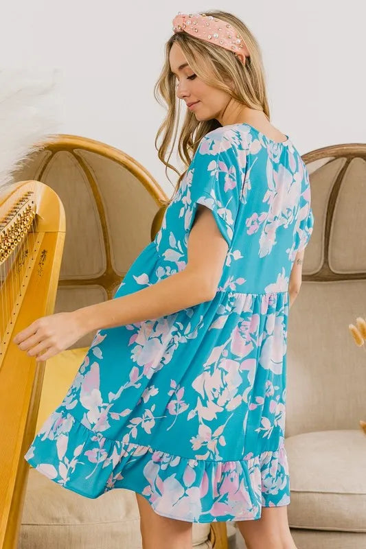 Trendsi BiBi Floral Crinkle Shirred Ruffle Detail V Neck Dress