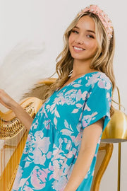 Trendsi BiBi Floral Crinkle Shirred Ruffle Detail V Neck Dress