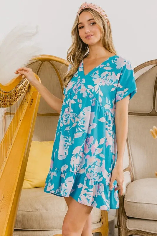 Trendsi BiBi Floral Crinkle Shirred Ruffle Detail V Neck Dress