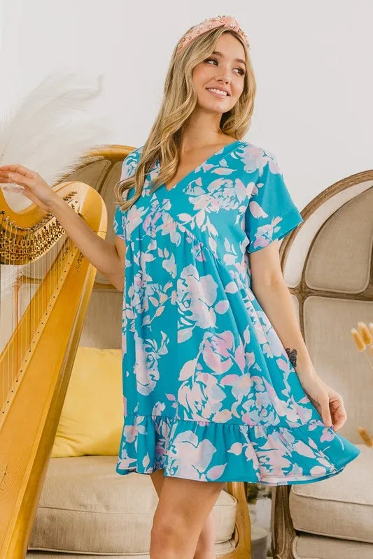 Trendsi BiBi Floral Crinkle Shirred Ruffle Detail V Neck Dress