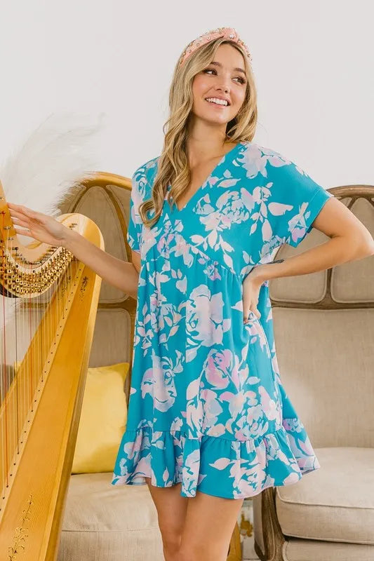 Trendsi BiBi Floral Crinkle Shirred Ruffle Detail V Neck Dress