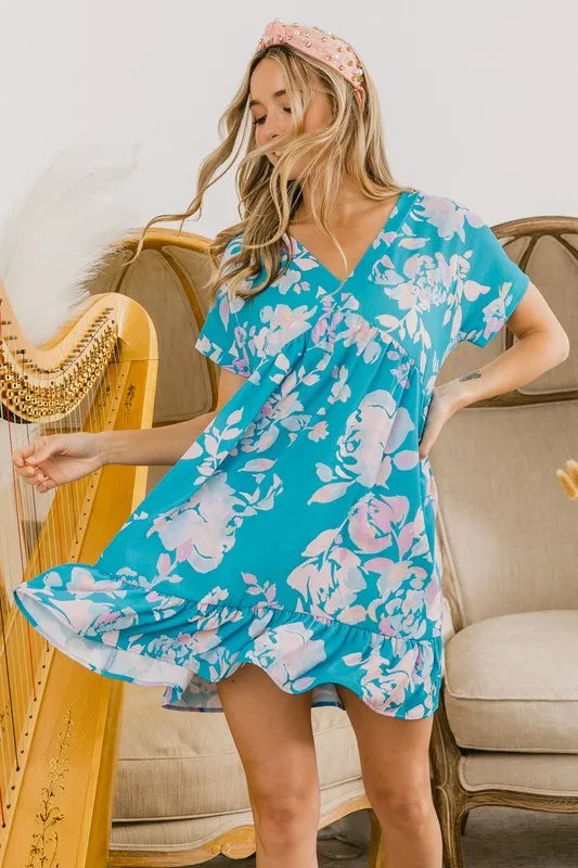 Trendsi BiBi Floral Crinkle Shirred Ruffle Detail V Neck Dress