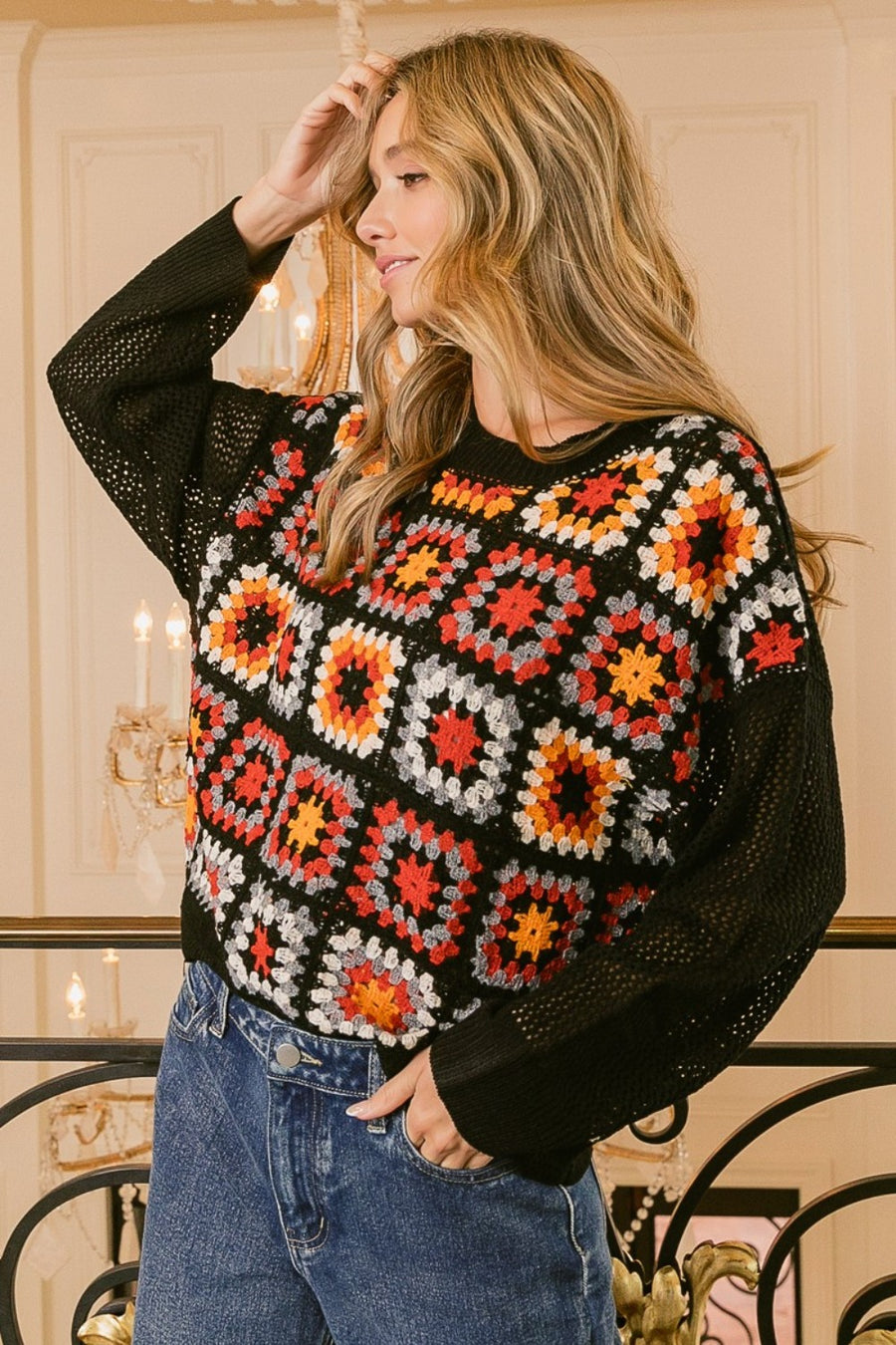 Trendsi BiBi Granny Square Front Long Sleeve Top