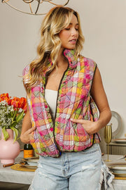 Trendsi BiBi Quilted Washed Plaid Snap Down Vest