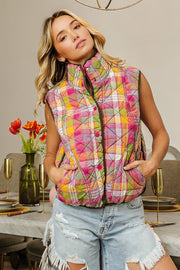 Trendsi BiBi Quilted Washed Plaid Snap Down Vest