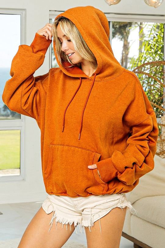 Trendsi BiBi Ruched Long Sleeve Washed Fleece Hoodie