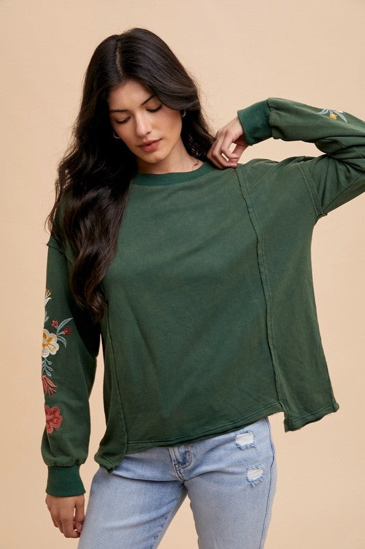 Trendsi Black Forest / S Annie Wear Embroidered Long Sleeve French Terry Top