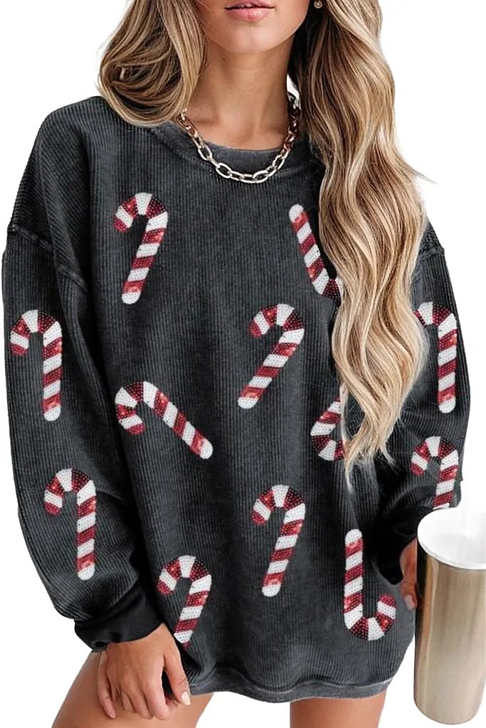 Pre-Order Sequin Candy Cane Round Neck Sweatshirt