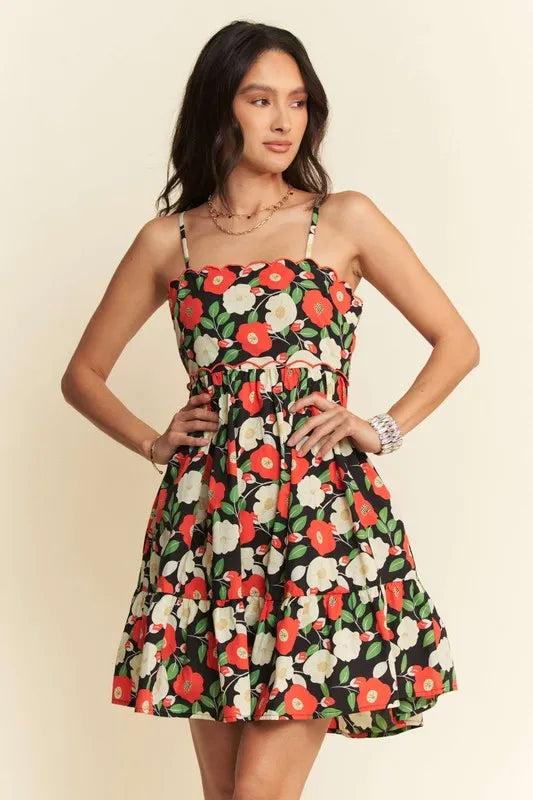 Trendsi Black / M Davi & Dani Floral Scalloped Cutout Back Mini Dress