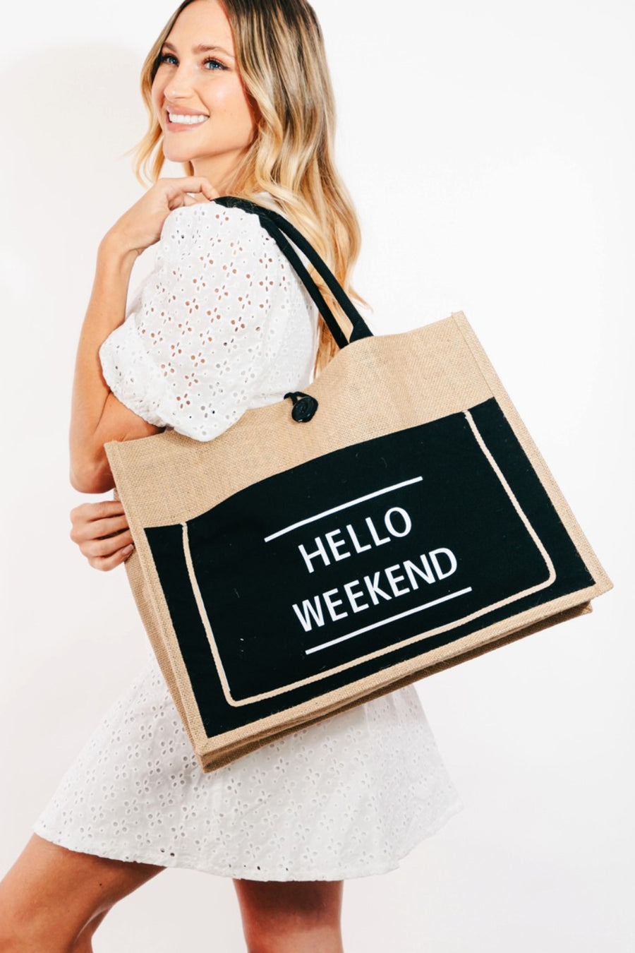 Trendsi Black / One Size Fame Hello Weekend Burlap Tote Bag