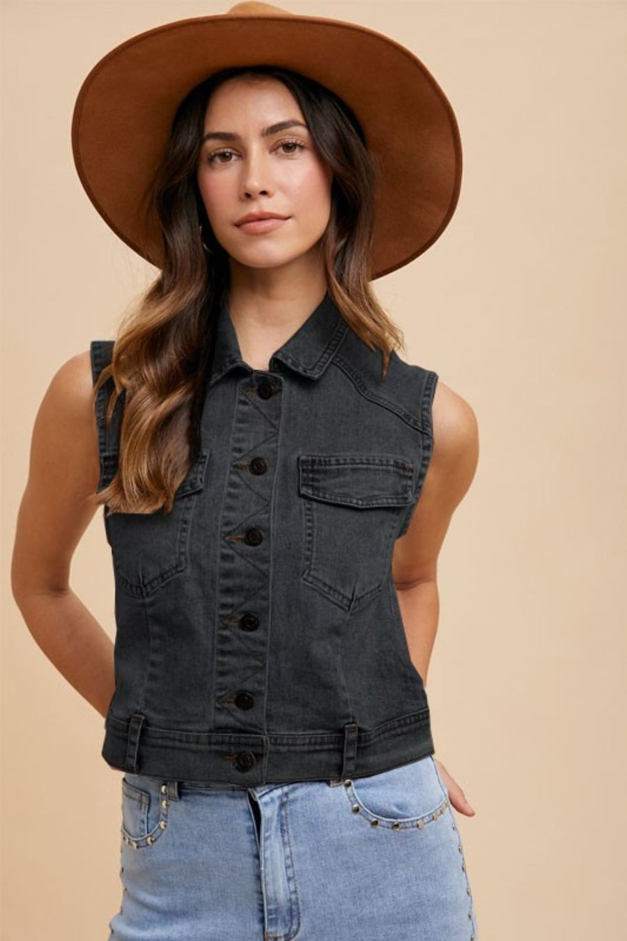 Trendsi Black / S Annie Wear Collared Neck Button Down Denim Vest