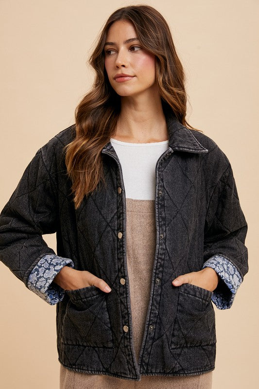 Trendsi Black / S Annie Wear Quilted Printed Lining Snap Down Denim Jacket