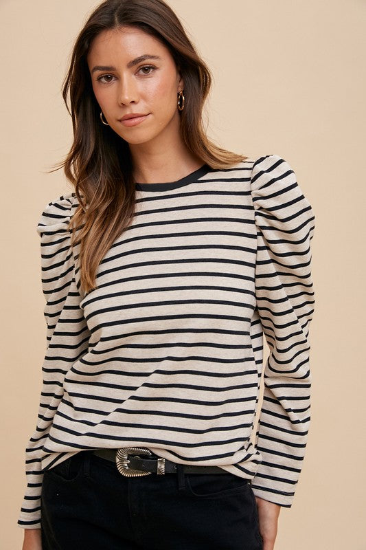 Trendsi Black / S Annie Wear Striped Round Neck Puff Sleeve French Terry Top