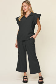 Trendsi Outfit Sets Black / S Double Take Texture Ruffle Short Sleeve Top and Drawstring Wide Leg Pants Set