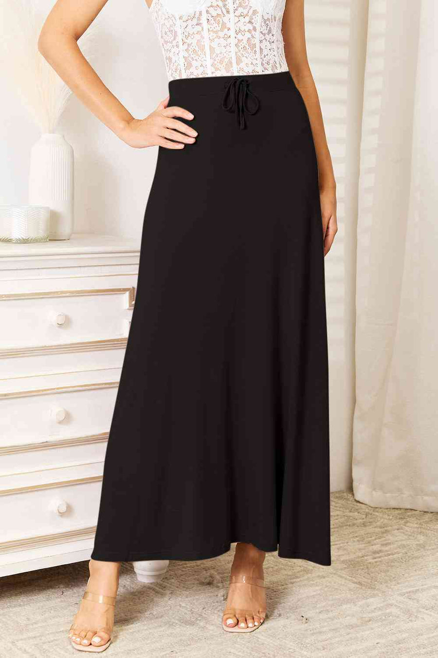 Soft Rayon Drawstring Waist Maxi Skirt Rayon