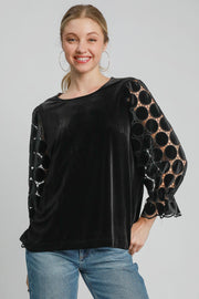 Trendsi Black / S Umgee Polka Dot Lace Long Sleeve Round Neck Blouse