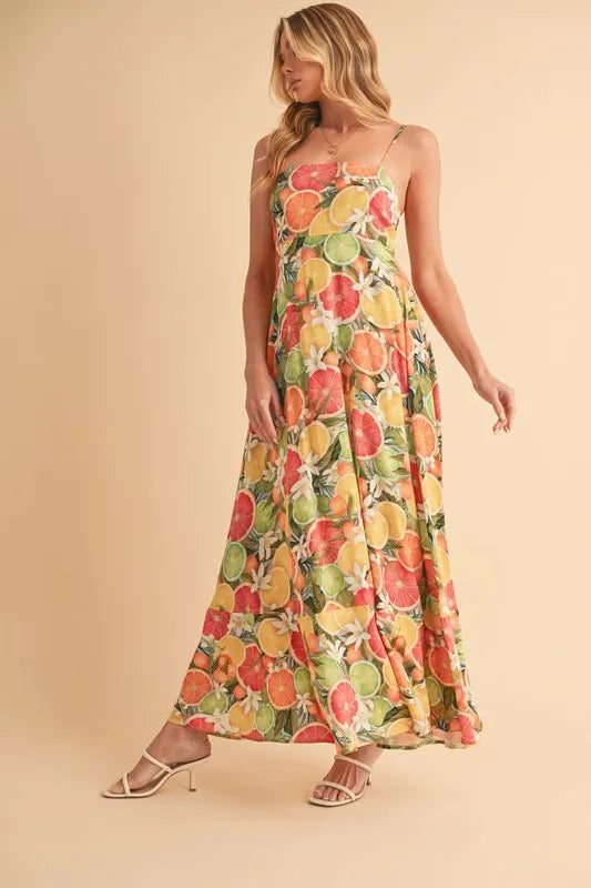 Trendsi BLUE CITRUS / S Aemi + Co Fruit Print Square Neck Maxi Cami Dress