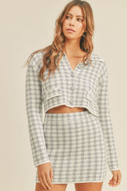 Trendsi Blue / S MABLE Houndstooth Cropped Knit Cardigan and Mini Skirt Set