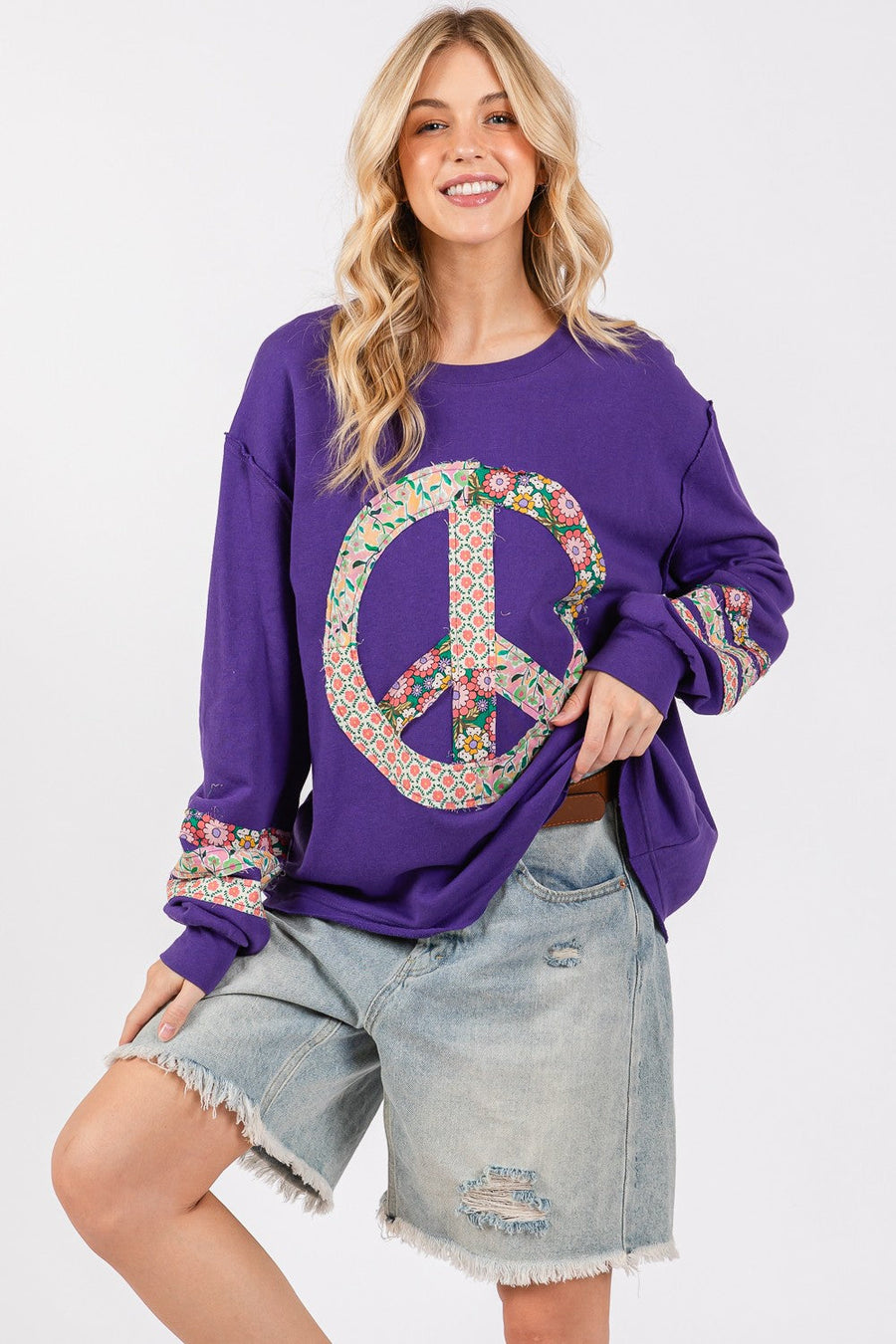 Trendsi Blueberry / S SAGE+FIG Peace Applique Patch Long Sleeve Top