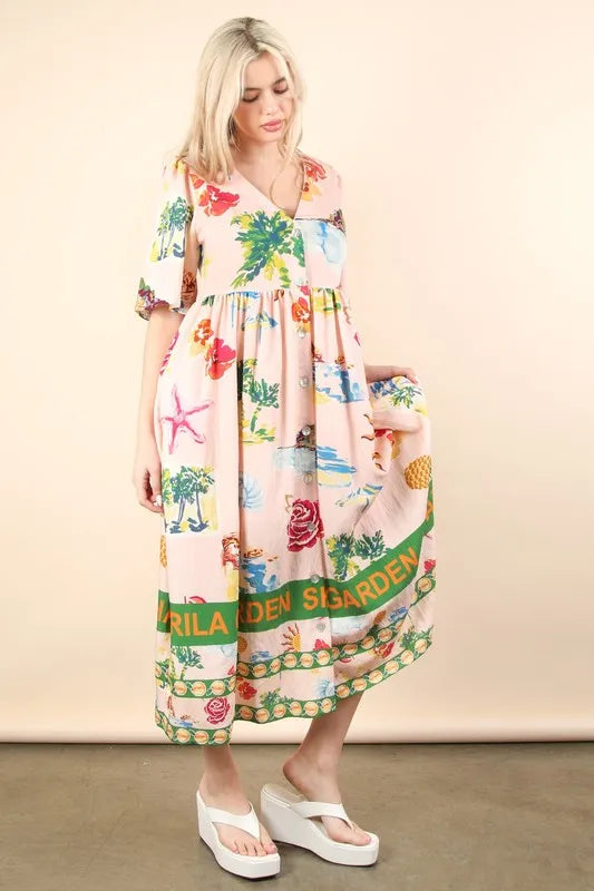 Trendsi Blush Mix / S VERY J Button Down Printed Midi Dress