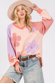 Trendsi Blush / S SAGE + FIG Full Size Daisy Applique Patch Color Block Long Sleeve Top